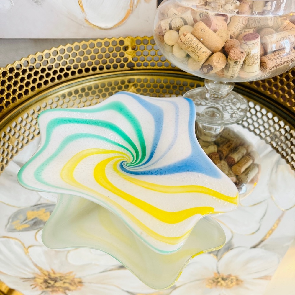 MURANO ITALY ART GLASS FREE FORM SILVER DUST MULTI COLOR SWIRL BOWL TRAY 11''